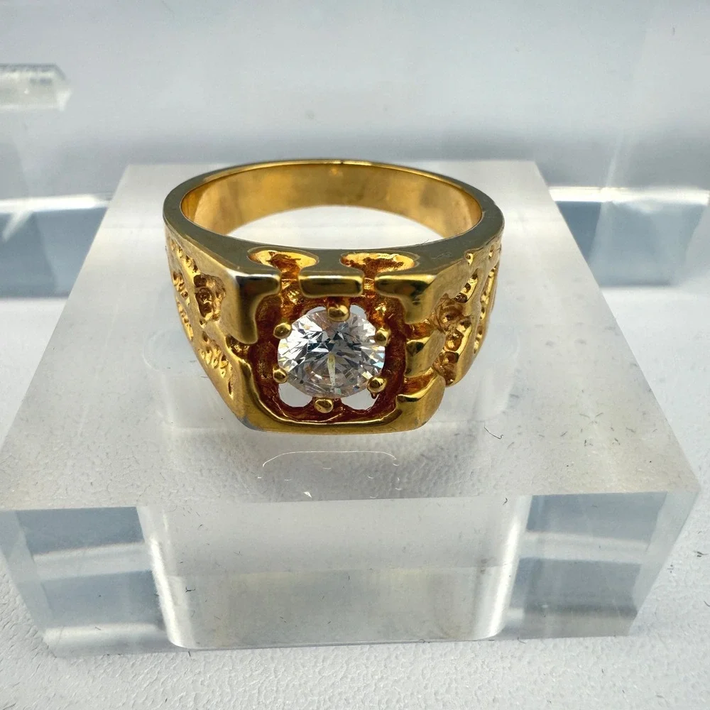 Chunky Vintage Gold Tone Men's Statement Ring‎ with Clear Glass Stone Size 11.75